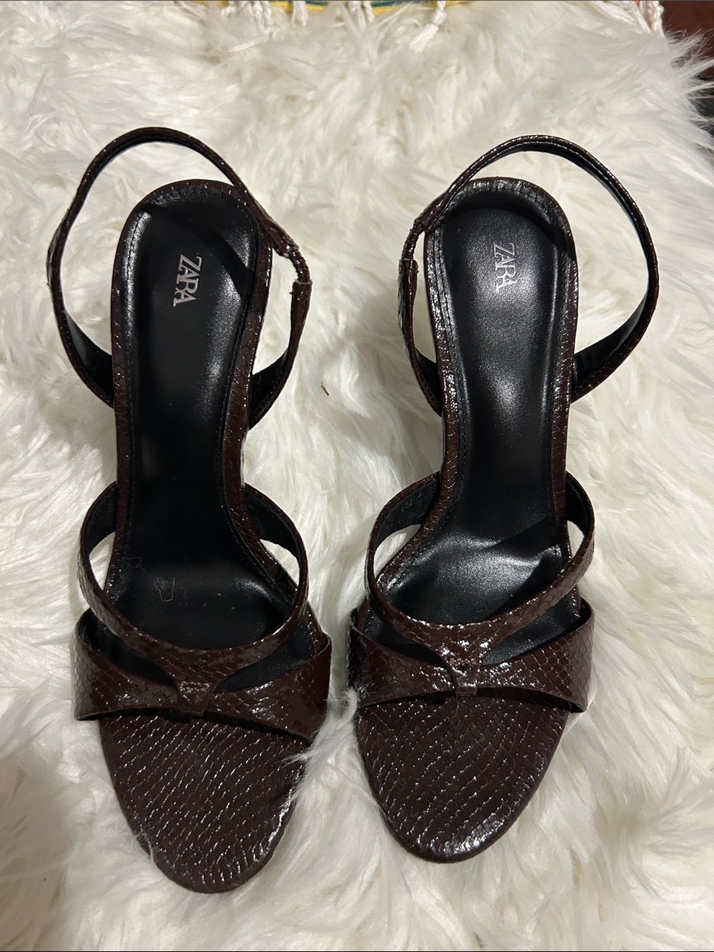 Zara Dark Brown Textured Strappy High Heel Sandals